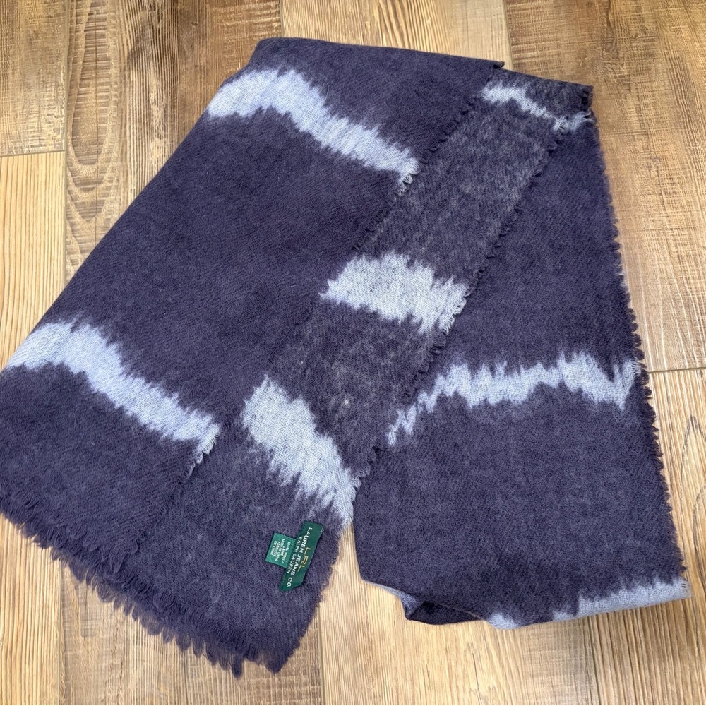 Ralph Lauren Blue and White Tie-Dye 100% Wool-Blend Scarf